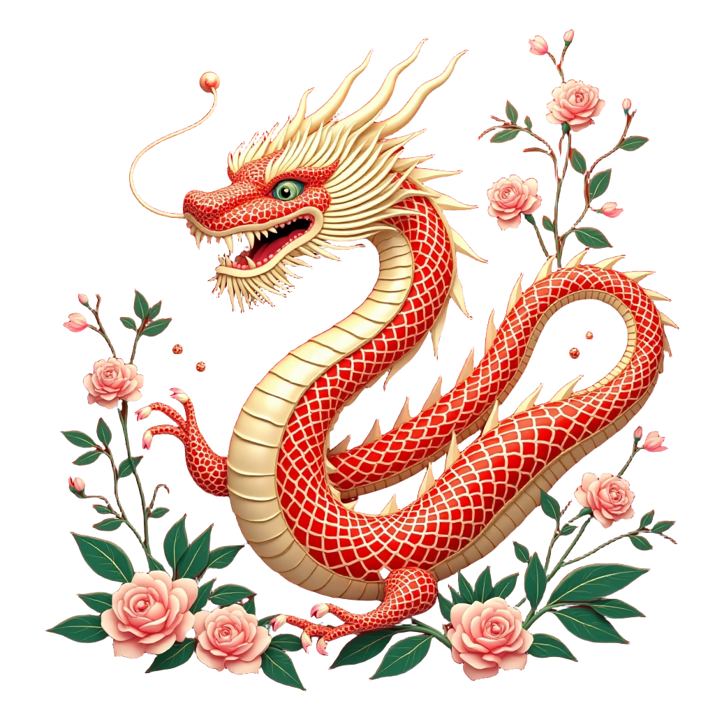 Oriental Dragon and Roses